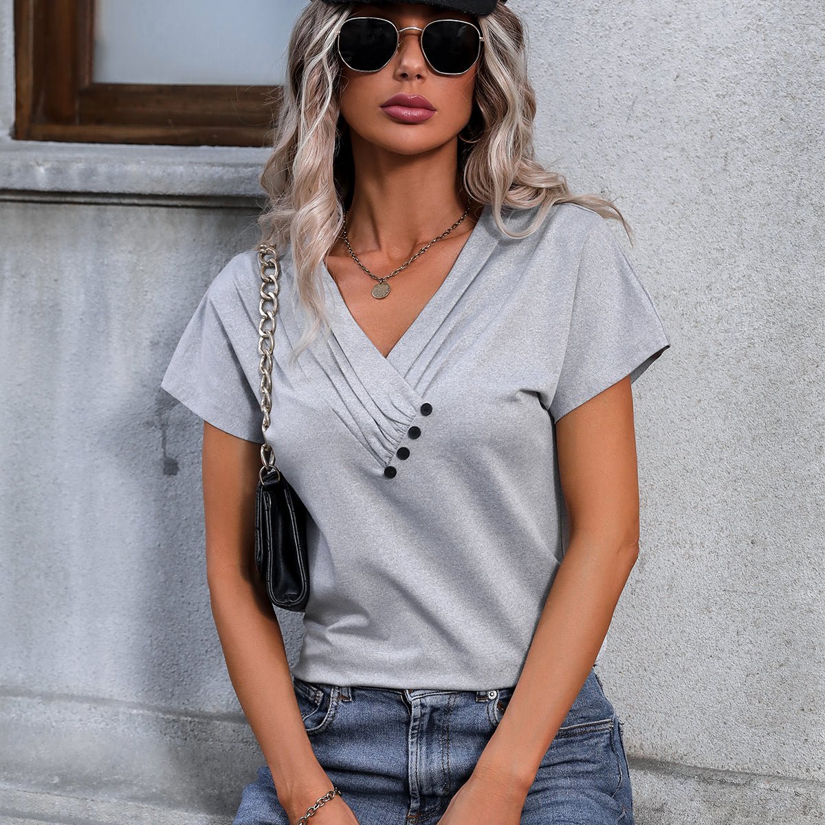 Fashion Solid Color V Neck Casual Tops - Image 7