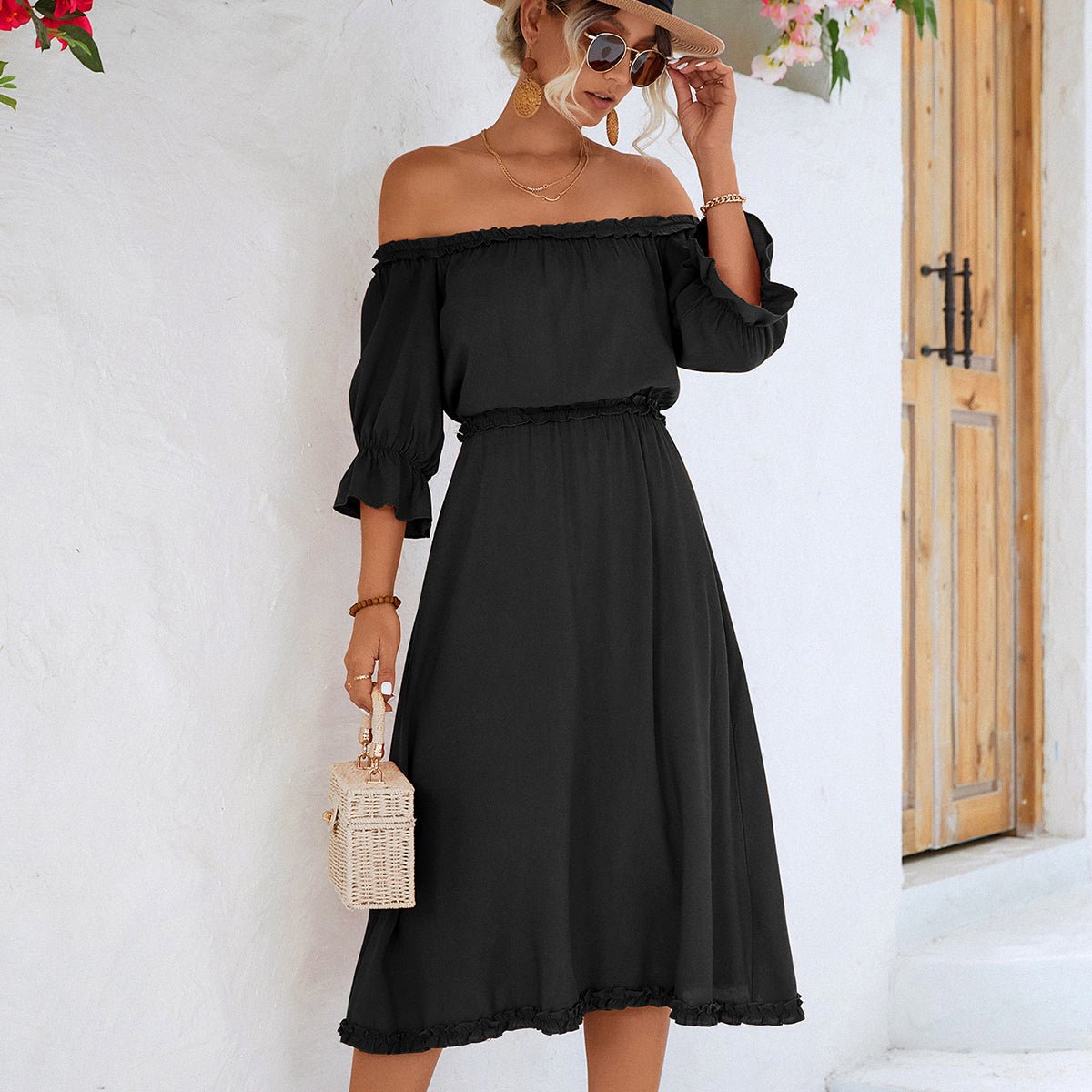 Solid Color Off The Shoulder Frill Casual Dress - Image 7
