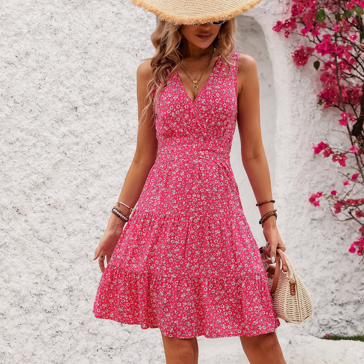 Fashion V Neck Floral Print Sleeveless Dress - Image 7