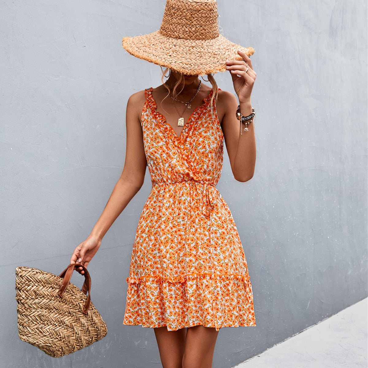V Neck Floral Print Frill Sleeveless Casual Dress - Image 6