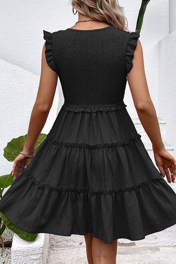 V Neck Smocked Frill Solid Casual Dress - Image 6