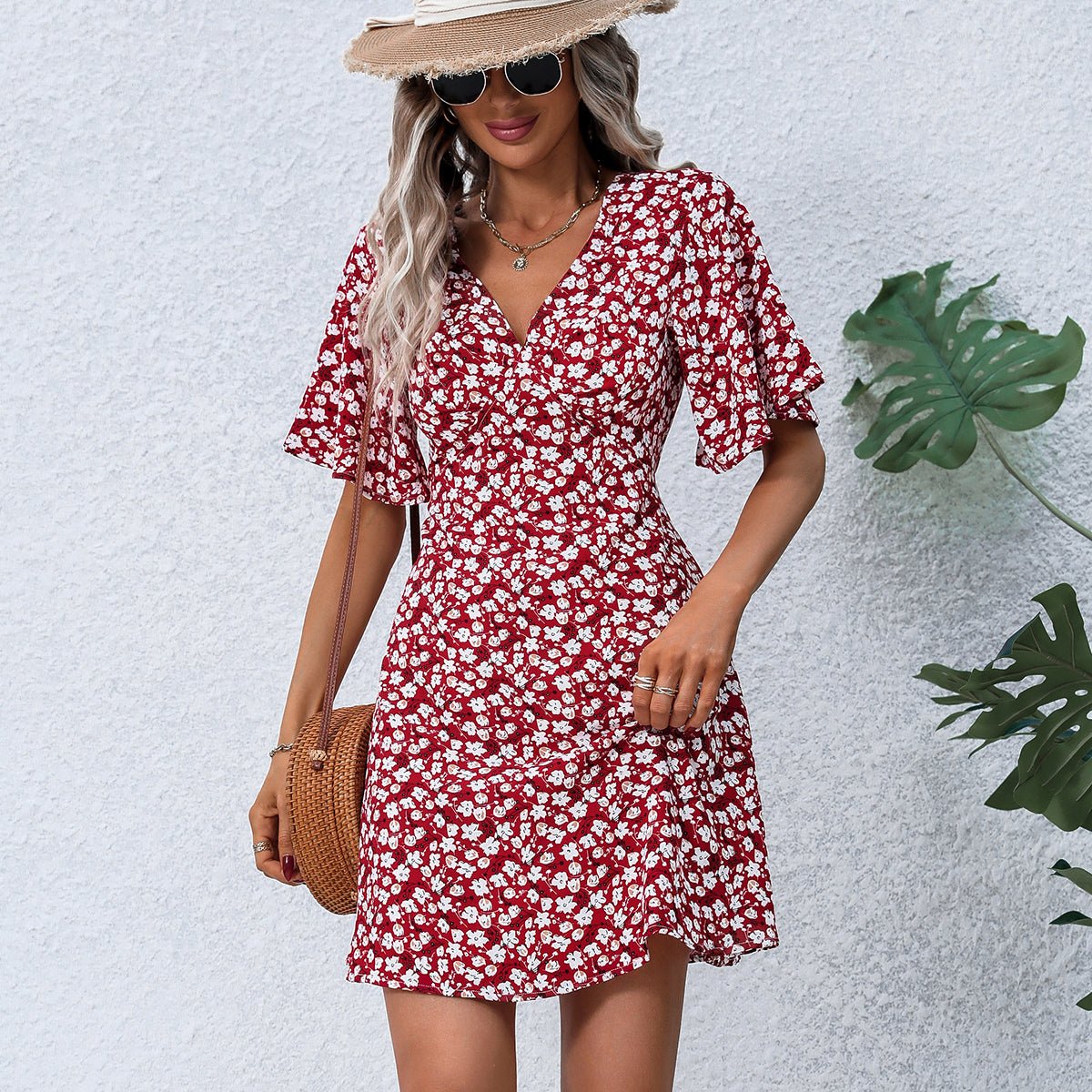 Floral Print V Neck Short Sleeve Casual Dress - Image 6