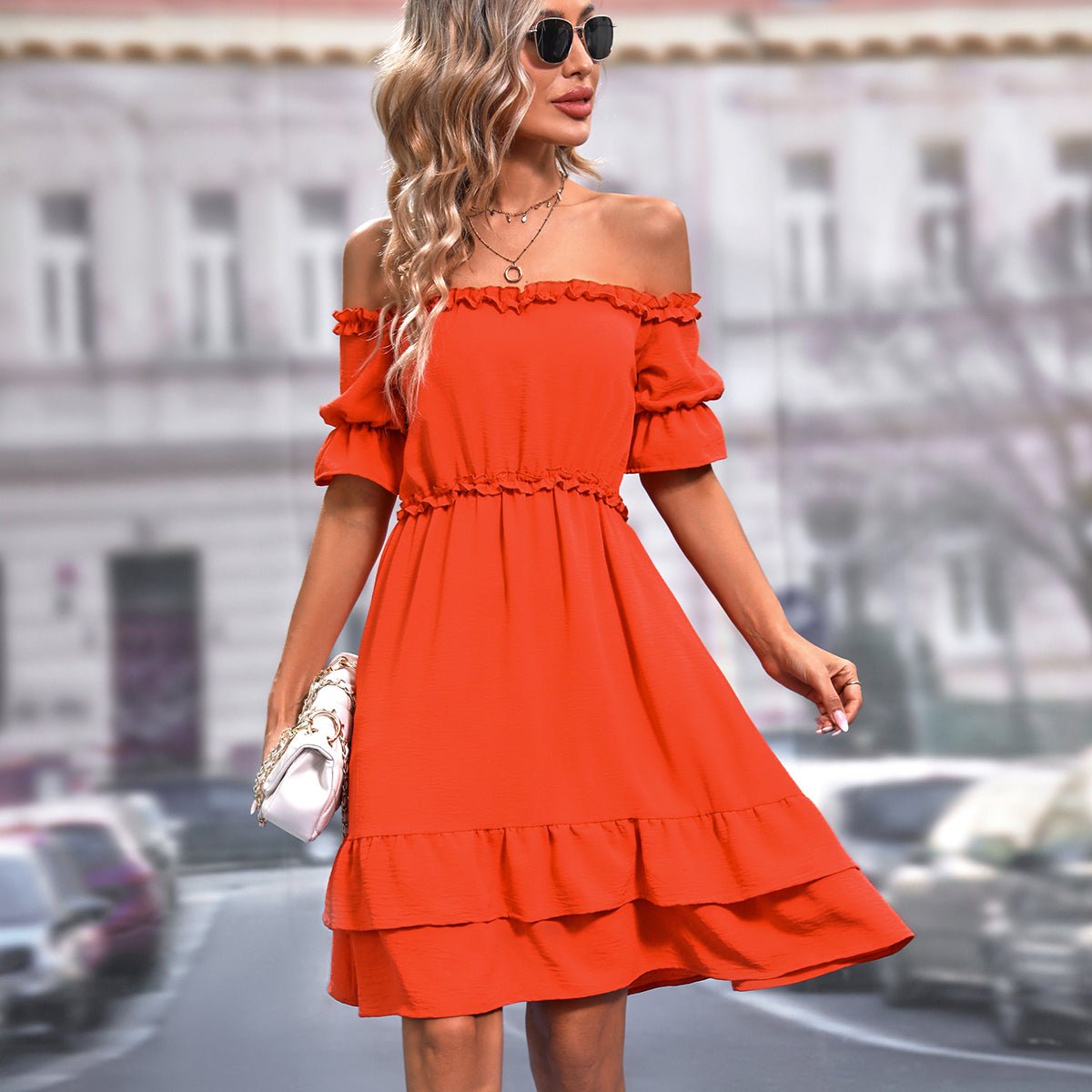 Solid Off The Shoulder Frill Casual Mini Dress - Image 6