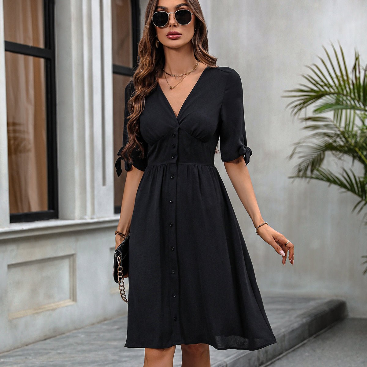 Solid Color V Neck Tie Design Dress - Image 6