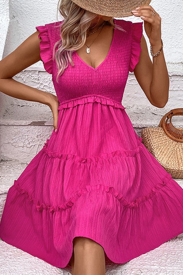 Solid Smocked V Neck Frill Casual Dress - Image 3