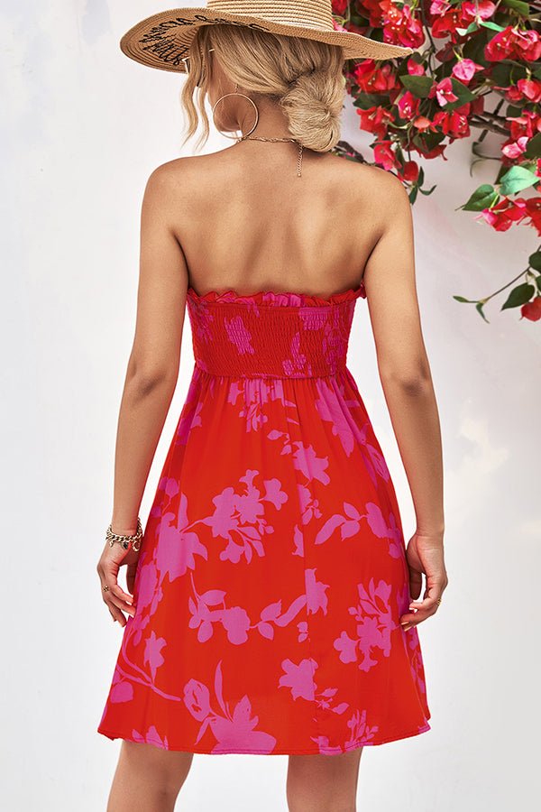 Smocked Frill Bandeau Floral Print Mini Dress - Image 6