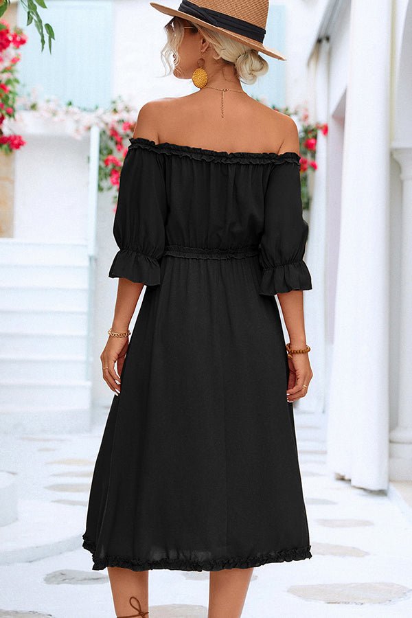 Solid Color Off The Shoulder Frill Casual Dress - Image 6
