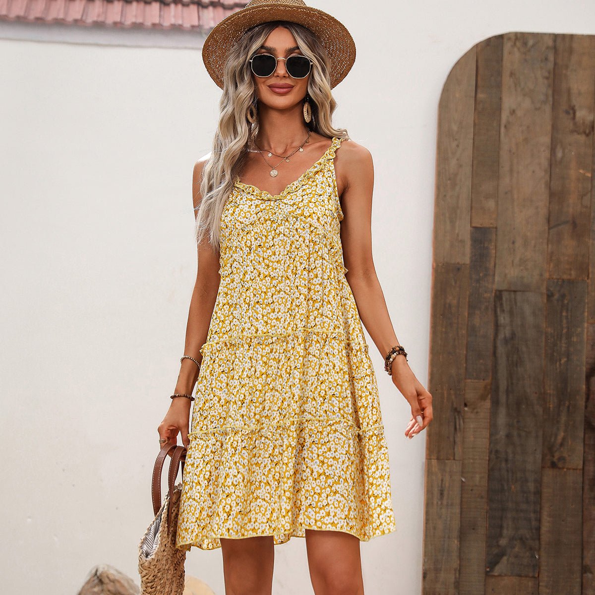 Floral Print V Neck Frill Casual Mini Dress - Image 6