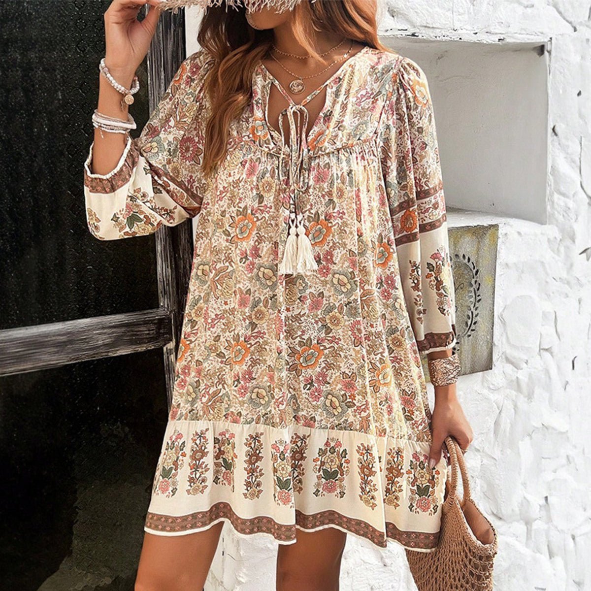 Bohemia Print V Neck Casual Dress - Image 7