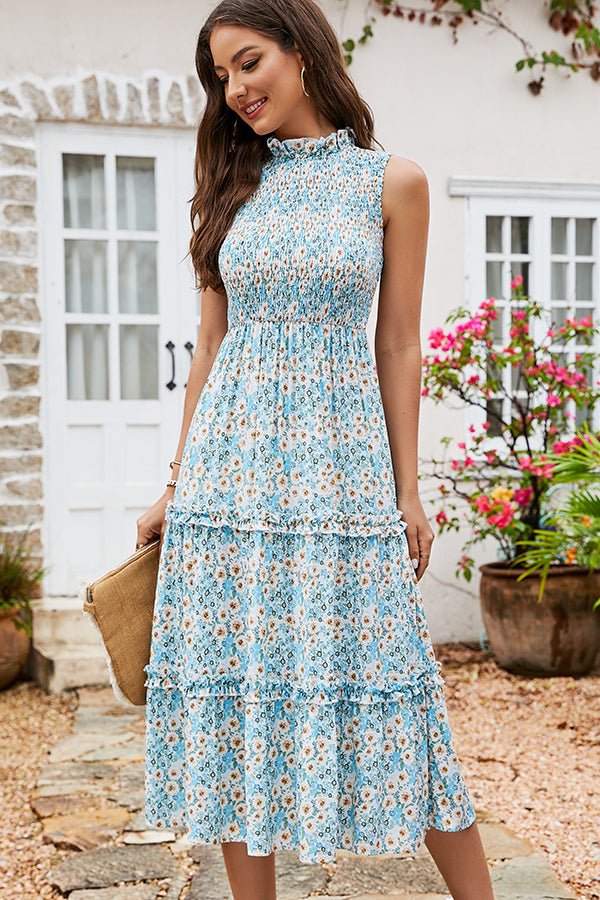 Smocked Chest Floral Print Sleeveless Dress - Image 3