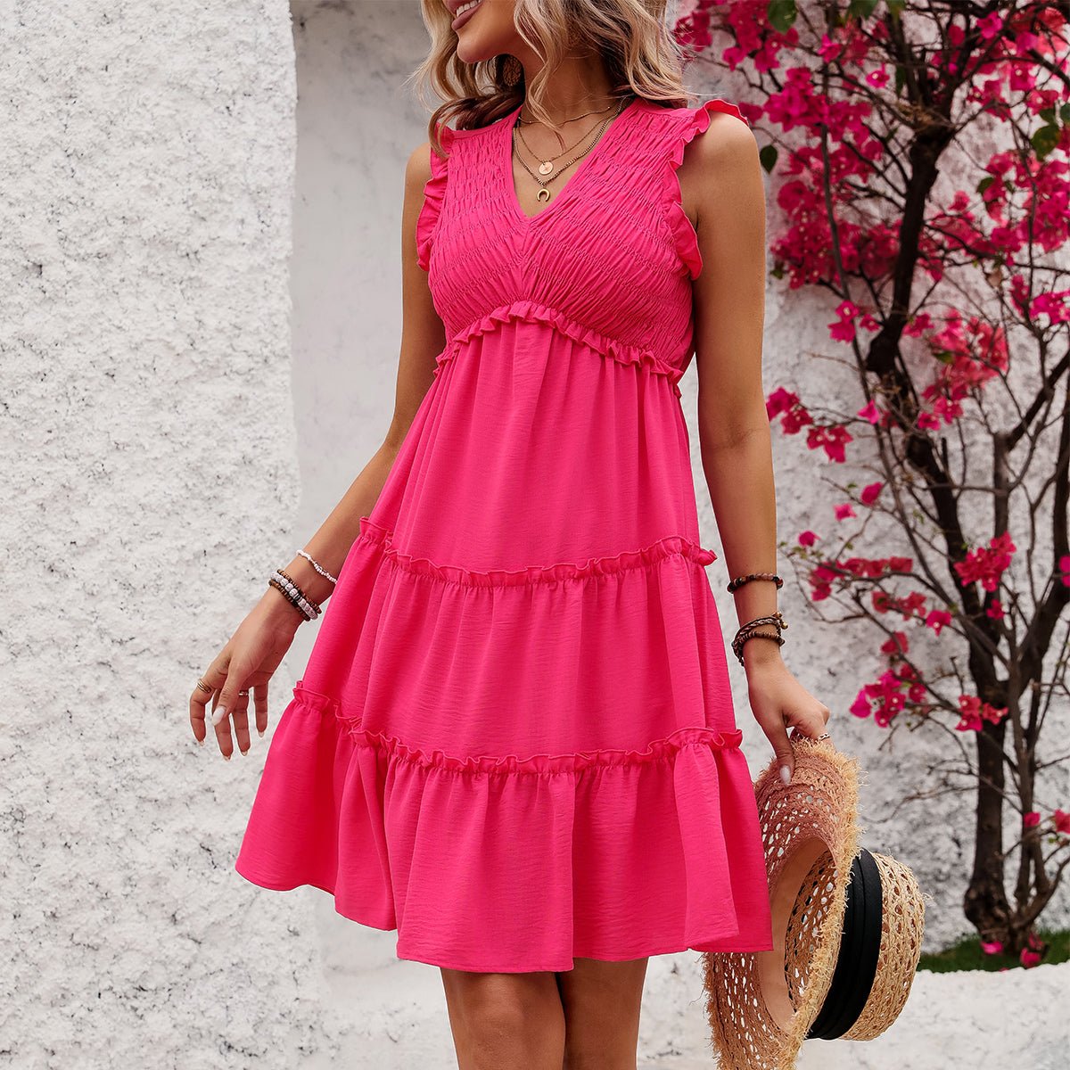 Fashion Solid Smocked V Neck Frill Casual Dress - Image 6