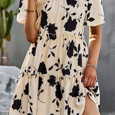 Smocked Design Print Casual Dress