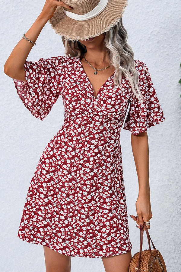 Floral Print V Neck Short Sleeve Casual Dress - Image 4