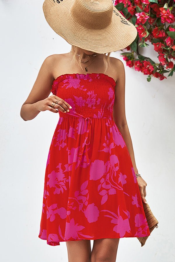 Smocked Frill Bandeau Floral Print Mini Dress - Image 3