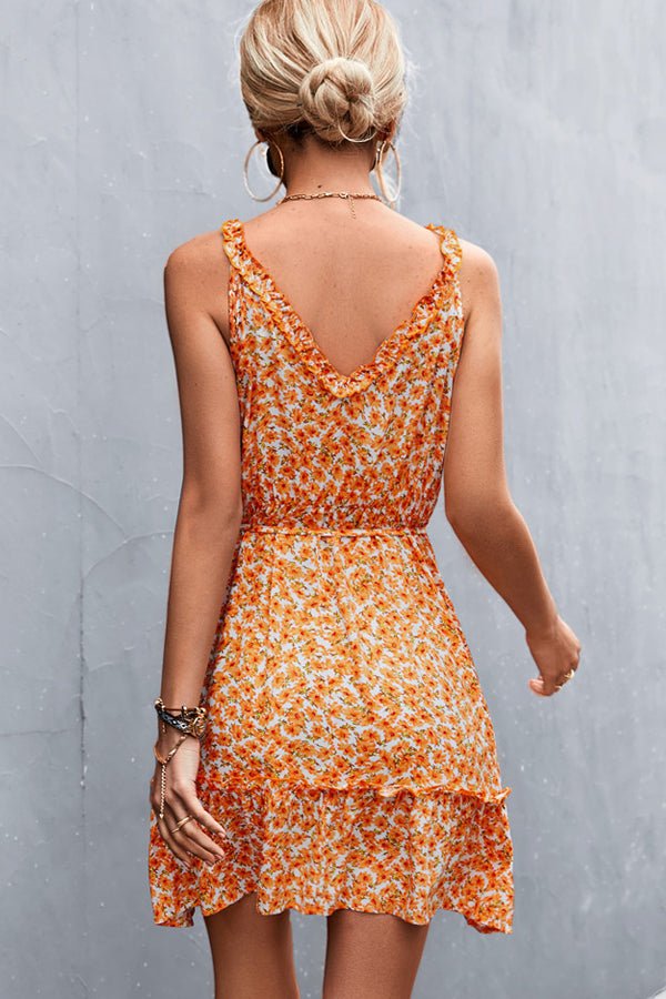 V Neck Floral Print Frill Sleeveless Casual Dress - Image 5