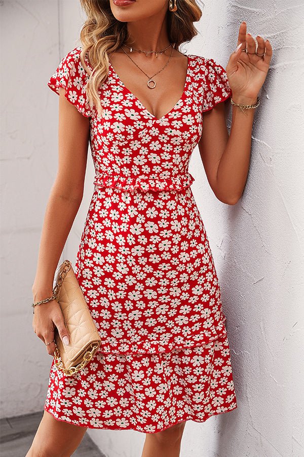 Floral Print V Neck Ruffle Sleeve Dress - Image 2