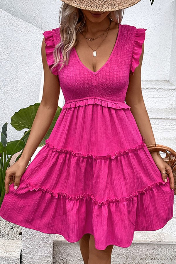 Solid Smocked V Neck Frill Casual Dress - Image 4