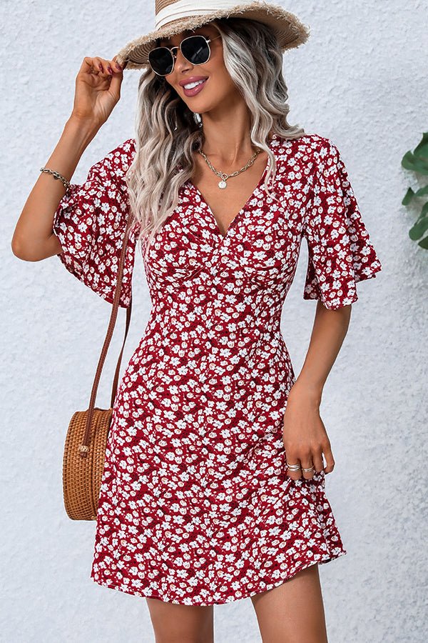 Floral Print V Neck Short Sleeve Casual Dress - Image 2