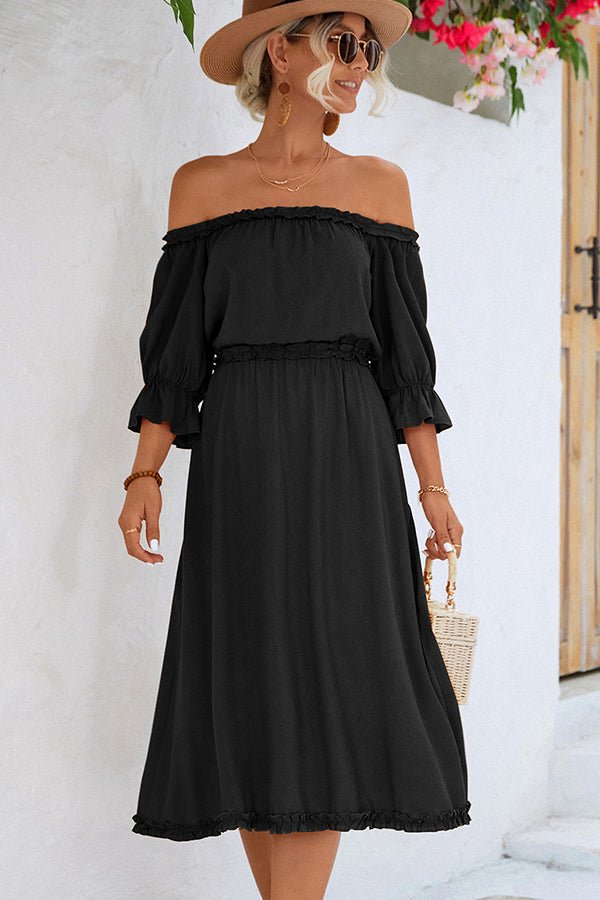 Solid Color Off The Shoulder Frill Casual Dress - Image 3