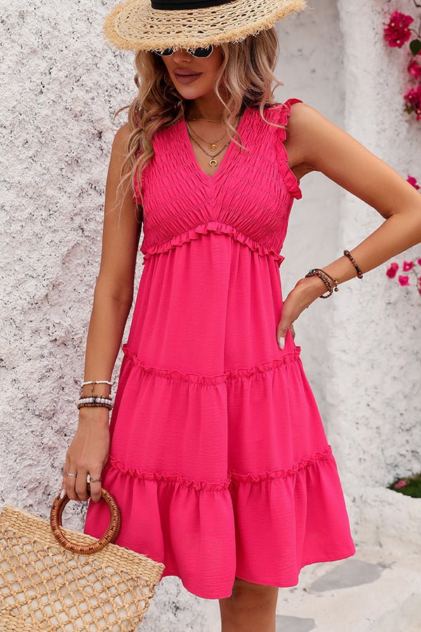 Fashion Solid Smocked V Neck Frill Casual Dress - Image 2