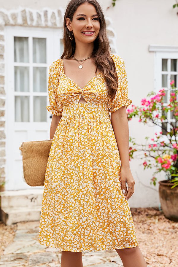 Floral Print Hook Design V Neck Casual Dress - Image 2