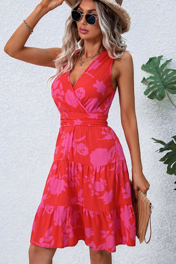 Fashion Tie Waist V Neck Printed Casual Dress - Image 3