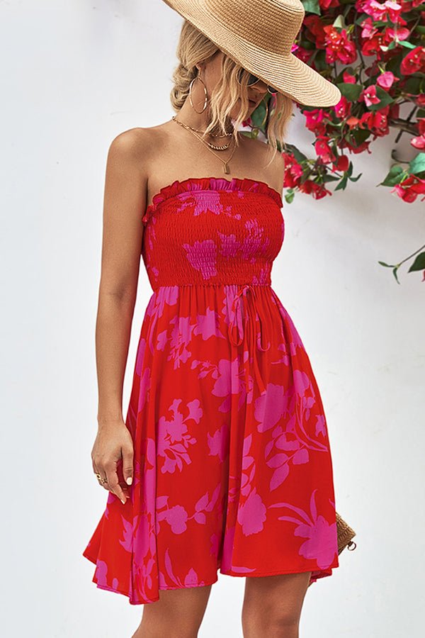 Smocked Frill Bandeau Floral Print Mini Dress - Image 4