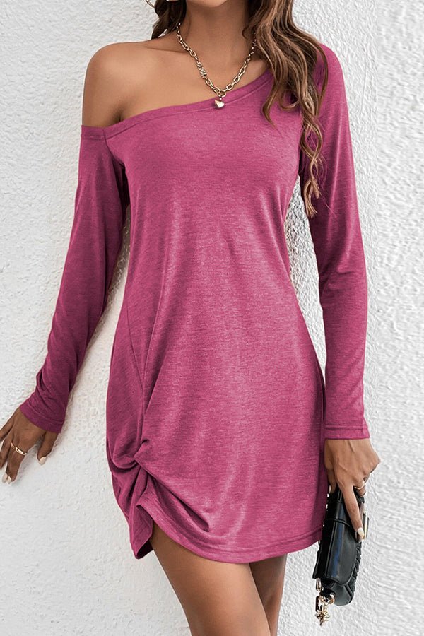 Skew Neck Solid Long Sleeve Casual Dress - Image 3