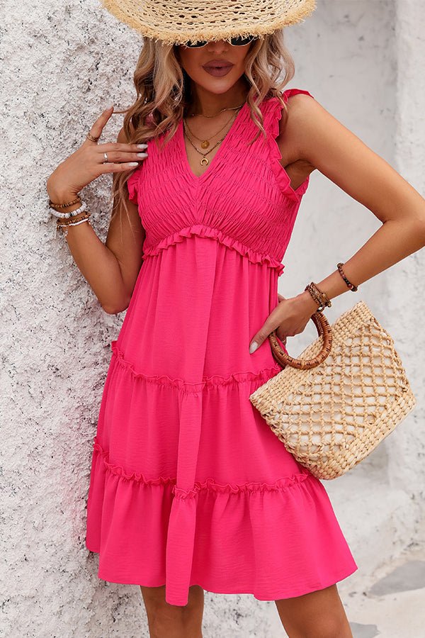 Fashion Solid Smocked V Neck Frill Casual Dress - Image 3