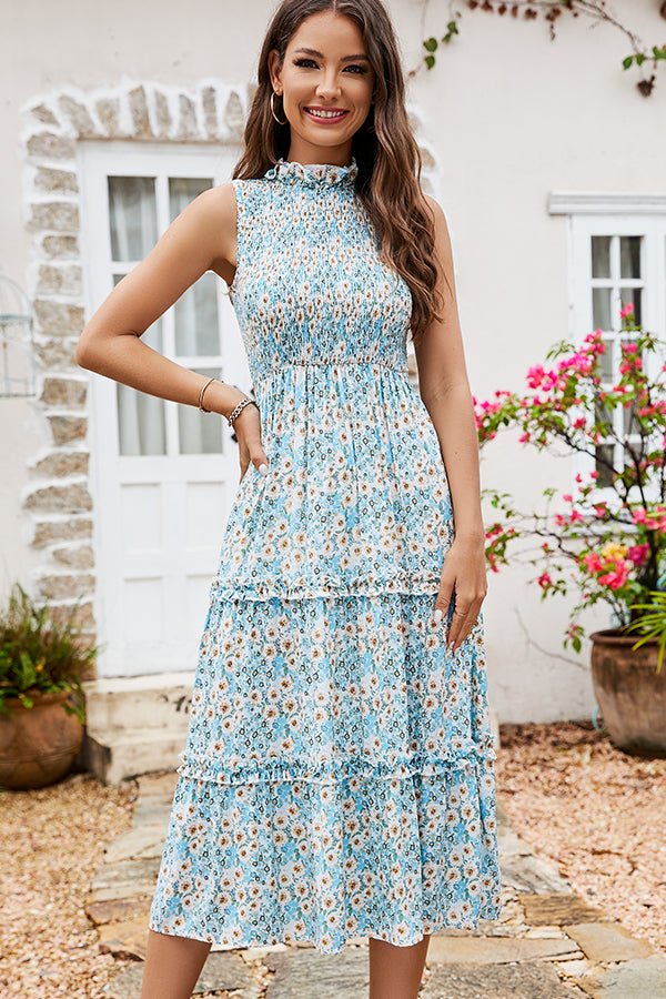 Smocked Chest Floral Print Sleeveless Dress - Image 2