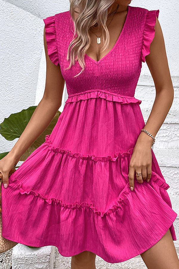 Solid Smocked V Neck Frill Casual Dress - Image 5