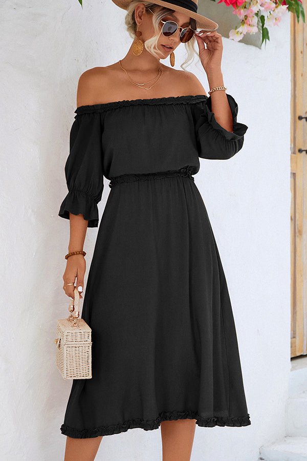 Solid Color Off The Shoulder Frill Casual Dress - Image 5
