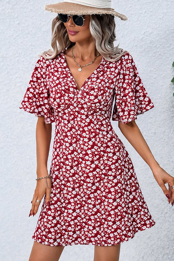 Floral Print V Neck Short Sleeve Casual Dress - Image 3
