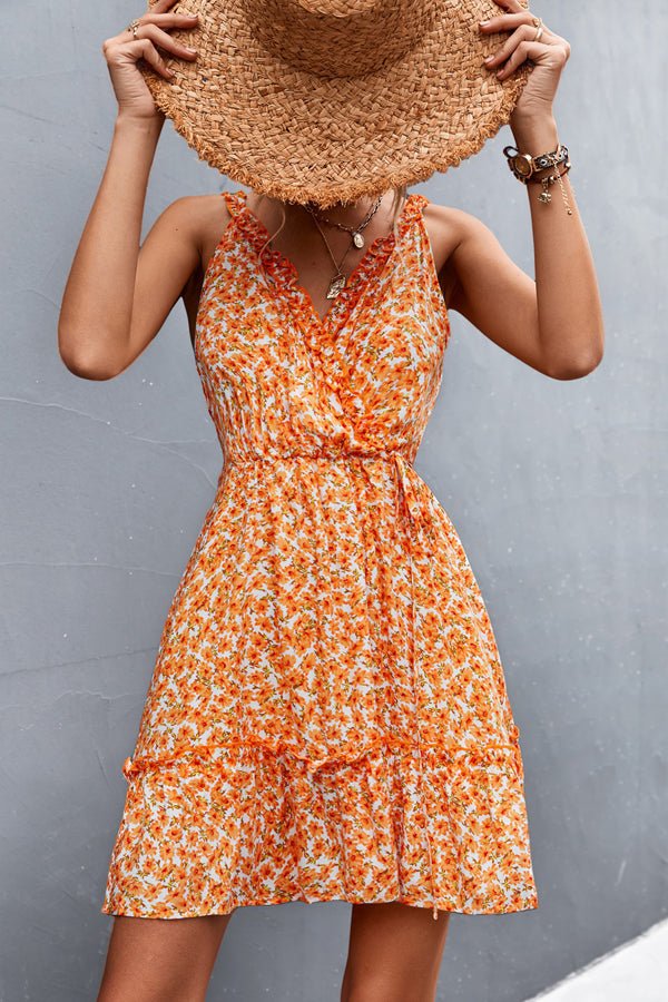 V Neck Floral Print Frill Sleeveless Casual Dress - Image 3