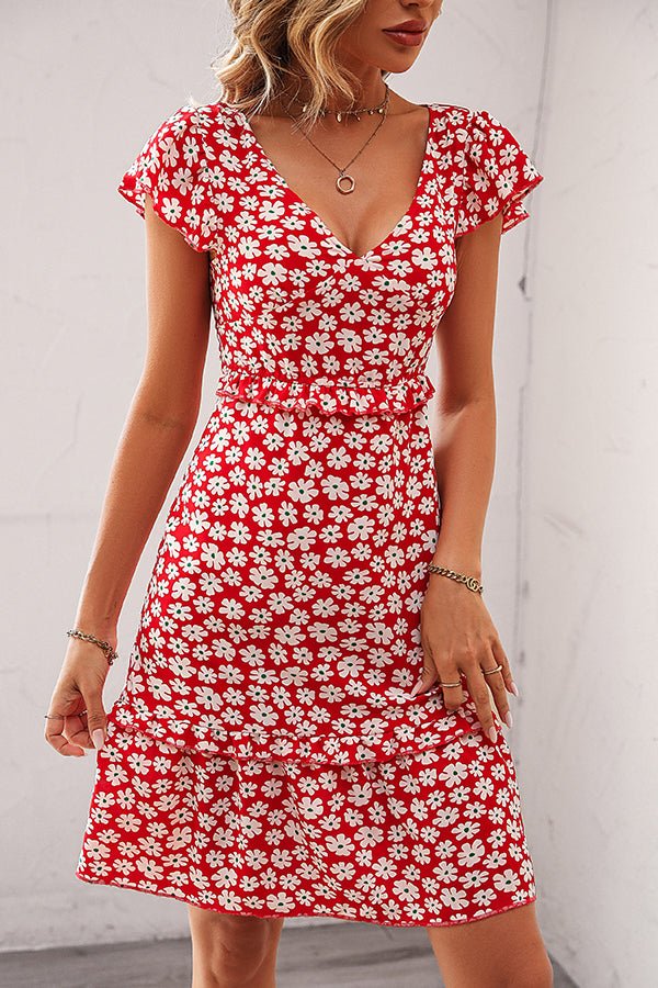 Floral Print V Neck Ruffle Sleeve Dress - Image 3