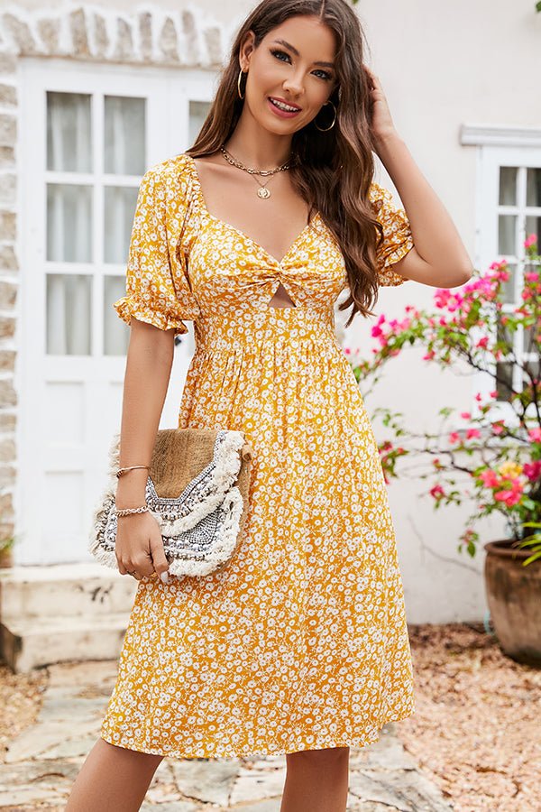 Floral Print Hook Design V Neck Casual Dress - Image 3