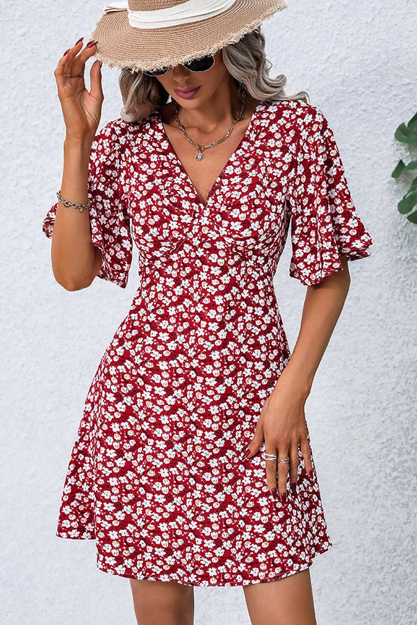 Floral Print V Neck Short Sleeve Casual Dress