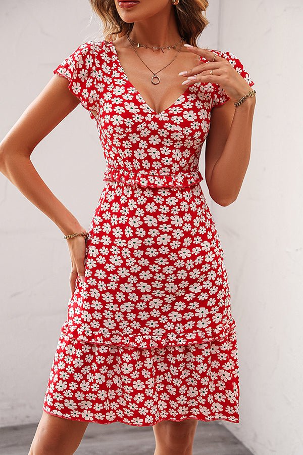 Floral Print V Neck Ruffle Sleeve Dress - Image 4