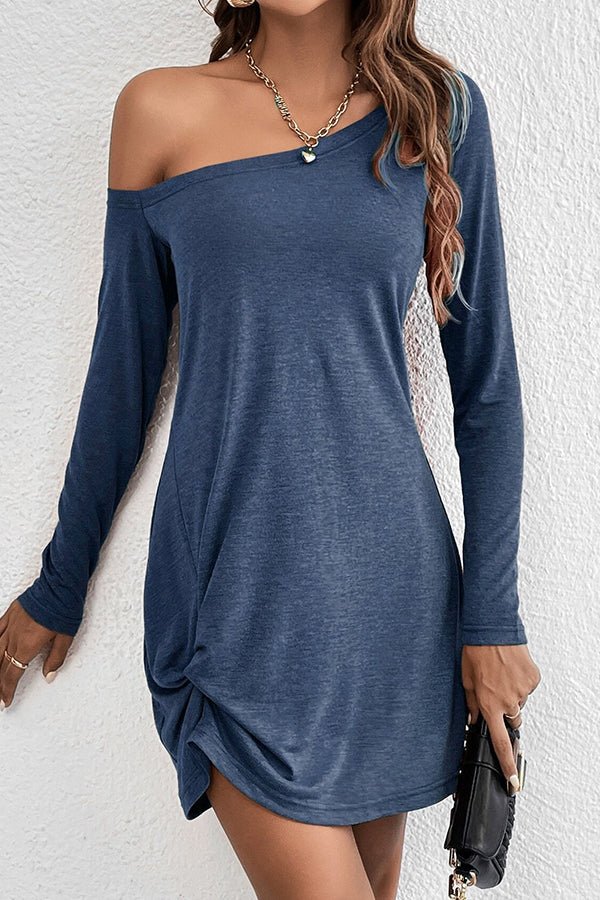 Solid Skew Neck Long Sleeve Casual Dress - Image 4