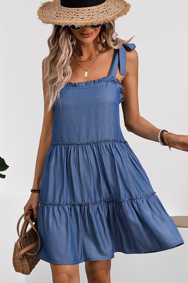 Solid Color Tie Shoulder Frill Casual Dress - Image 3