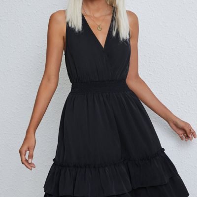 Smocked Waist Solid Sleeveless Casual Mini Dress