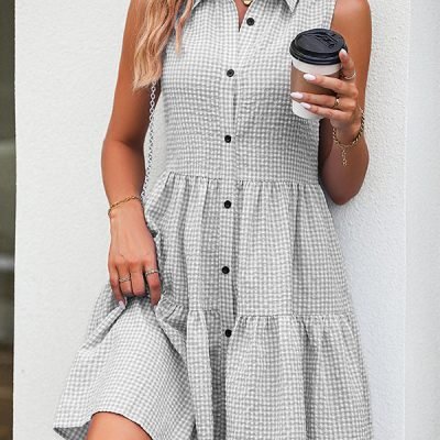 Plaid Print Ruffle Hem Sleeveless Dress