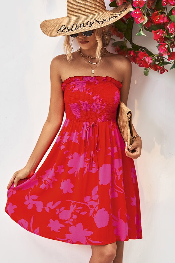 Smocked Frill Bandeau Floral Print Mini Dress - Image 2