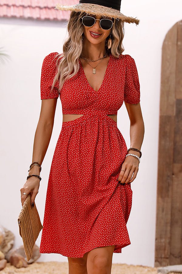 V Neck Floral Print Cutout Design Dress - Image 2