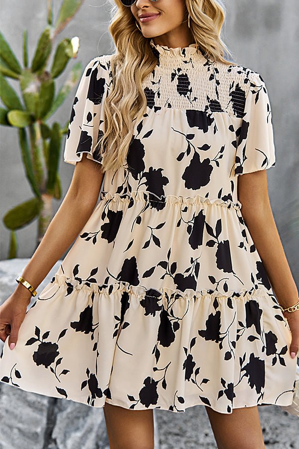 Smocked Design Print Casual Dress - Image 5