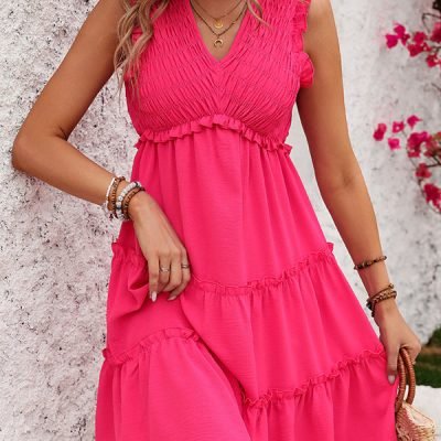 Fashion Solid Smocked V Neck Frill Casual Dress