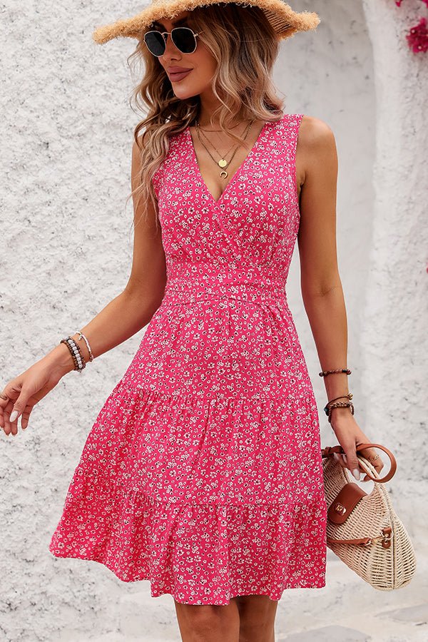 Fashion V Neck Floral Print Sleeveless Dress - Image 3