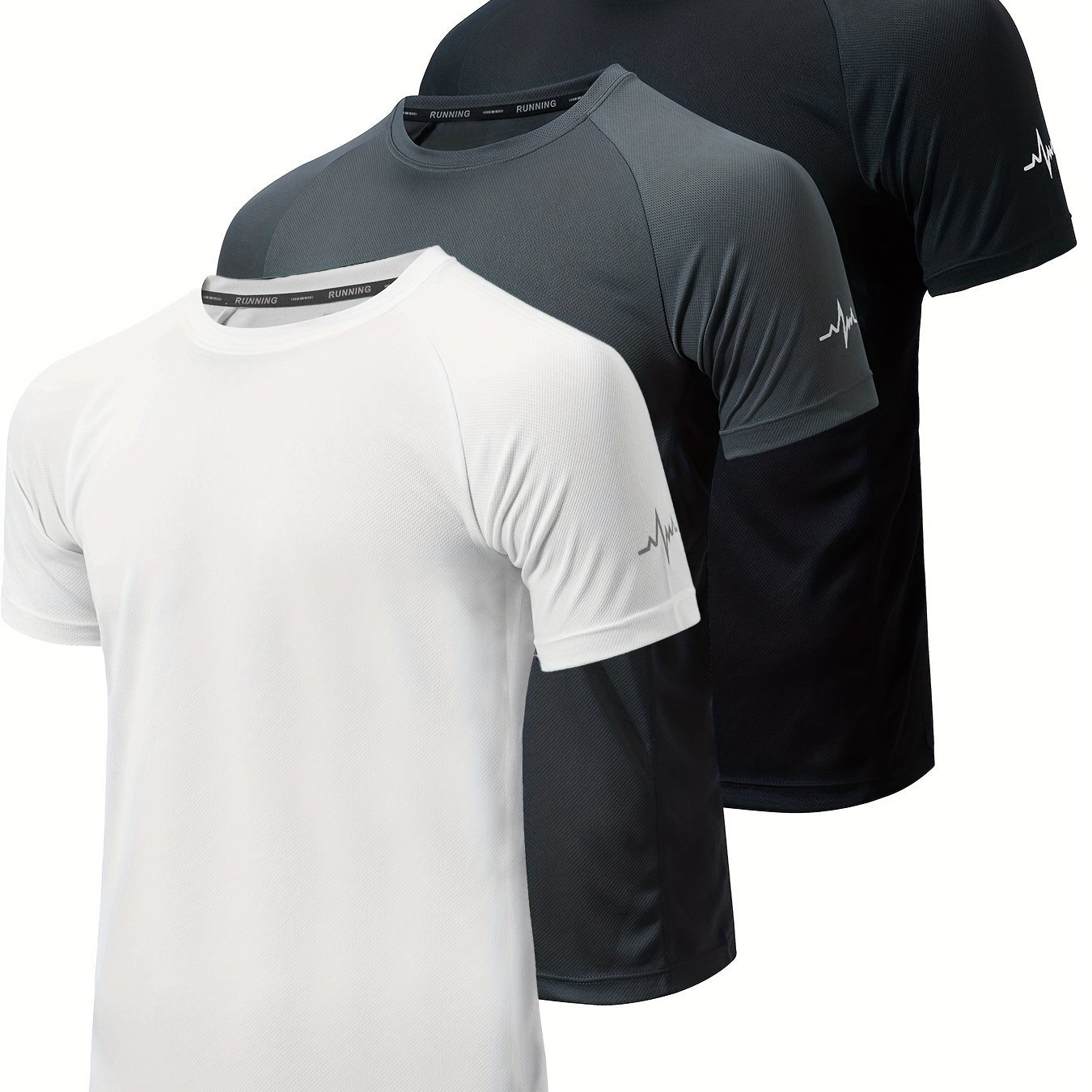 3pcs Men??s Athletic Short Sleeve Crew Neck Moisture-wicking Shirts, Undershirt With Sleeve Electrocardiography Print, Sports Comfy Tee - Image 3