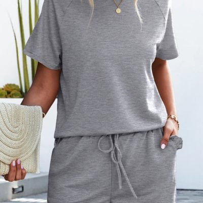Round Neck Ruffle Hem Solid Color Two Pieces Set