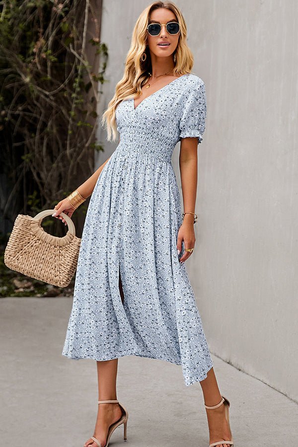 Fashion V Neck Smocked Chest Floral Print Maxi Dress - Image 3